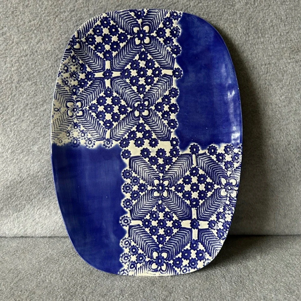 Handmade Charleston Pottery Platter Lace Impressed Blue Cobalt 2018‎ Bee Mark